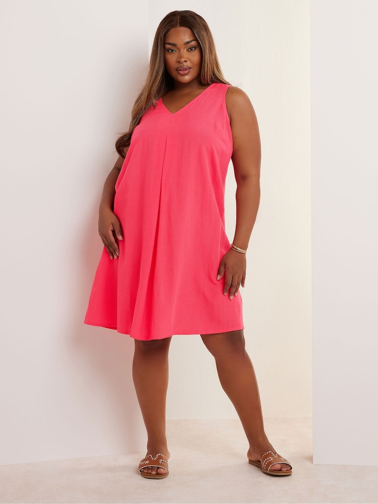 Yours Curve Pink Pleated Front Dress Containing Linen - Image 2 of 5