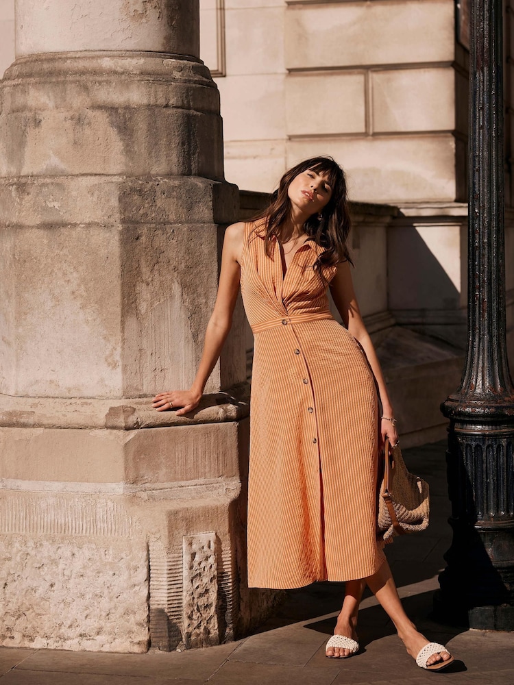 Mint Velvet Orange Striped Midi Dress - Image 1 of 8