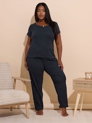 Yours Curve Blue Pointelle Cami Wide Leg Pant 100% Cotton Pyjamas Set - Image 1 of 6
