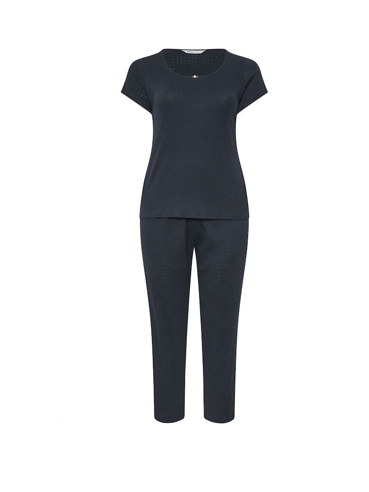 Yours Curve Blue Pointelle Cami Wide Leg Pant 100% Cotton Pyjamas Set - Image 6 of 6