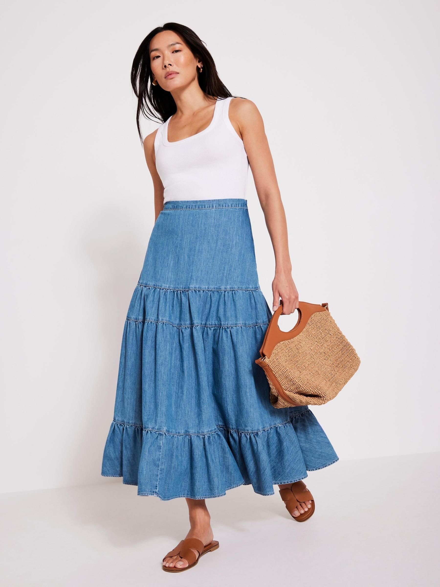 Buy Mint Velvet Blue Indigo Tiered Denim Midi 100% Cotton Skirt