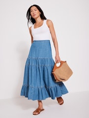 Mint Velvet Blue Indigo Tiered Denim Midi 100% Cotton Skirt - Image 1 of 8