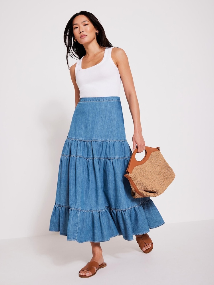 Mint Velvet Blue Indigo Tiered Denim Midi 100% Cotton Skirt - Image 1 of 8