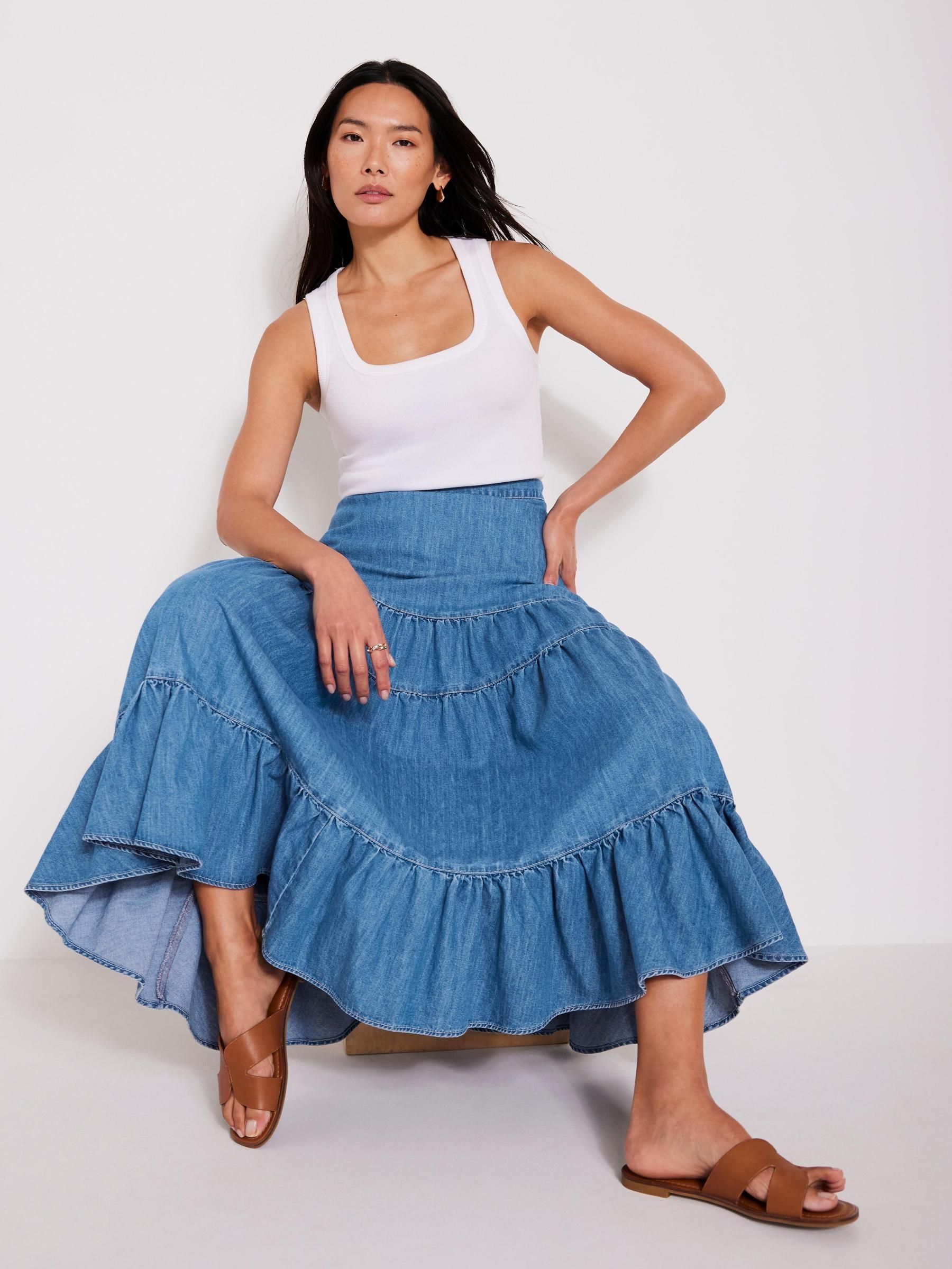Buy Mint Velvet Blue Indigo Tiered Denim Midi 100% Cotton Skirt