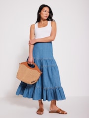 Mint Velvet Blue Indigo Tiered Denim Midi 100% Cotton Skirt - Image 5 of 8