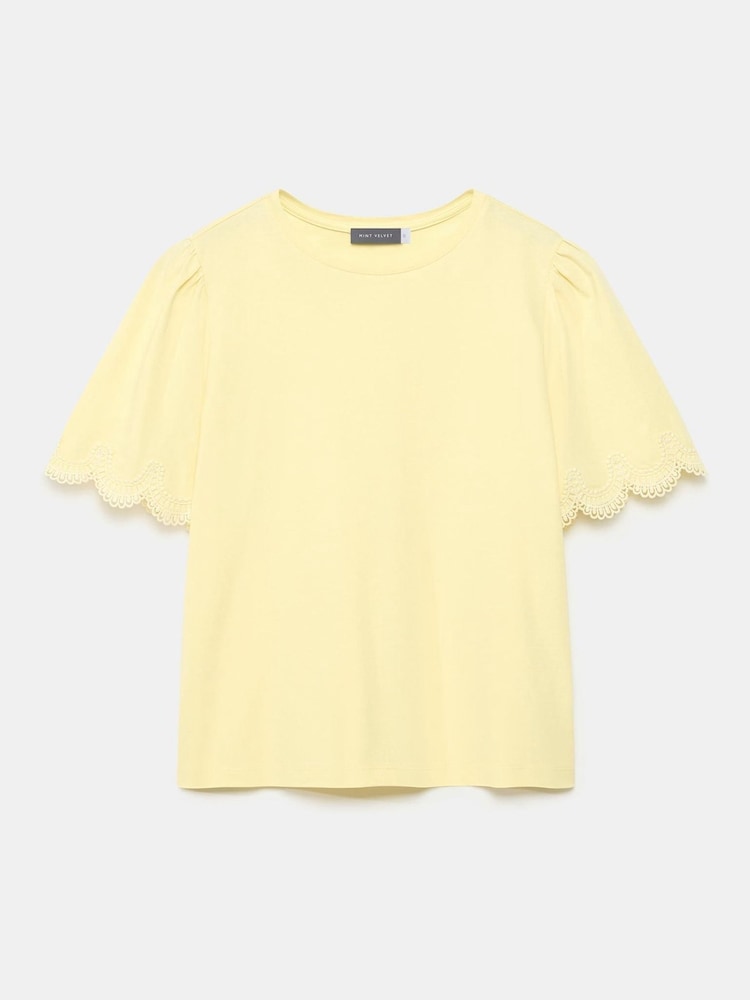 Mint Velvet Yellow 100% Cotton Lace Trim T-Shirt - Image 6 of 8