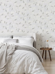 Graham & Brown Silver Boutique Ornamental Leaf Heavy Weight Vinyl 10M Wallpaper - Image 1 of 3