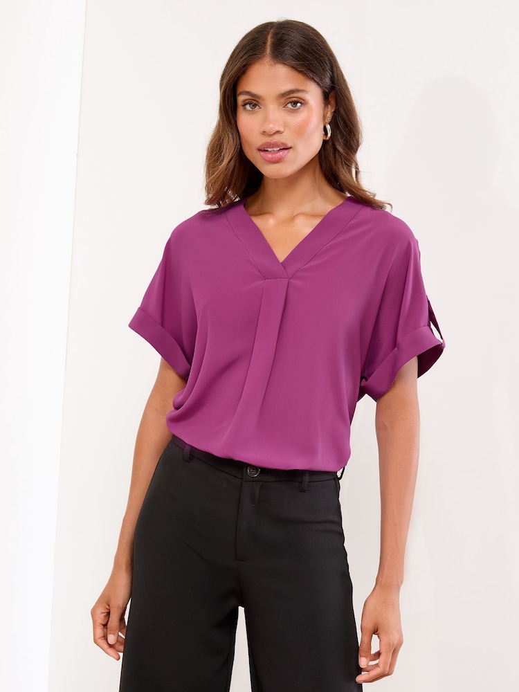 Lipsy Magenta Utility V-Neck Short Roll Sleeve Top - Image 1 of 4