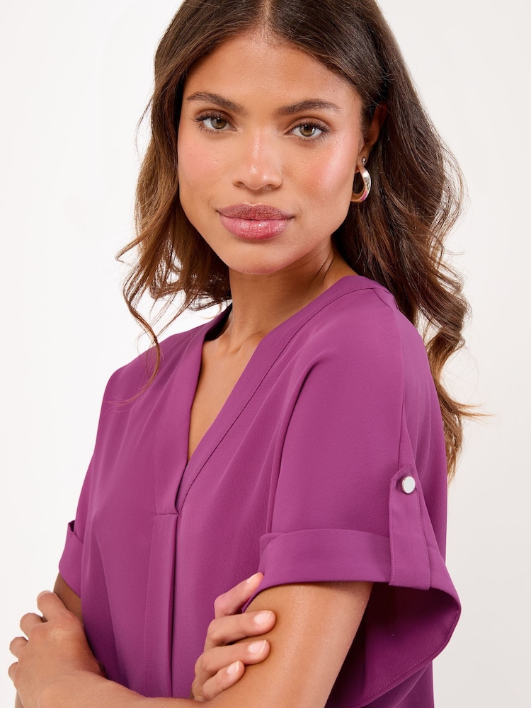 Lipsy Magenta Utility V-Neck Short Roll Sleeve Top - Image 2 of 4