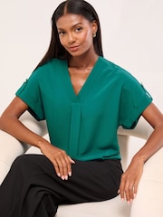 Lipsy Teal Utility V-Neck Short Roll Sleeve Top - Image 1 of 4