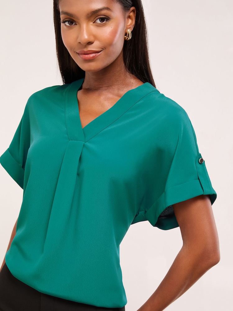 Lipsy Teal Utility V-Neck Short Roll Sleeve Top - Image 2 of 4