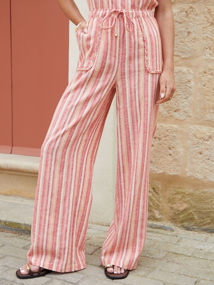 Threadbare Orange Striped Braided Pocket Detail Linen Blend Wide Leg Trousers - Image 2 of 4