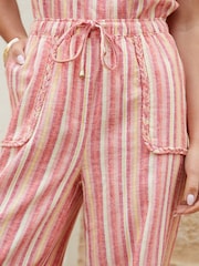 Threadbare Orange Striped Braided Pocket Detail Linen Blend Wide Leg Trousers - Image 3 of 4