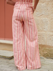 Threadbare Orange Striped Braided Pocket Detail Linen Blend Wide Leg Trousers - Image 4 of 4