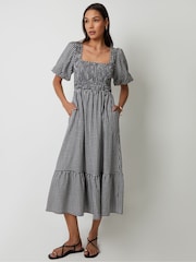 Threadbare Black Gingham Puff Sleeve Shirred Midaxi Dress - Image 1 of 4