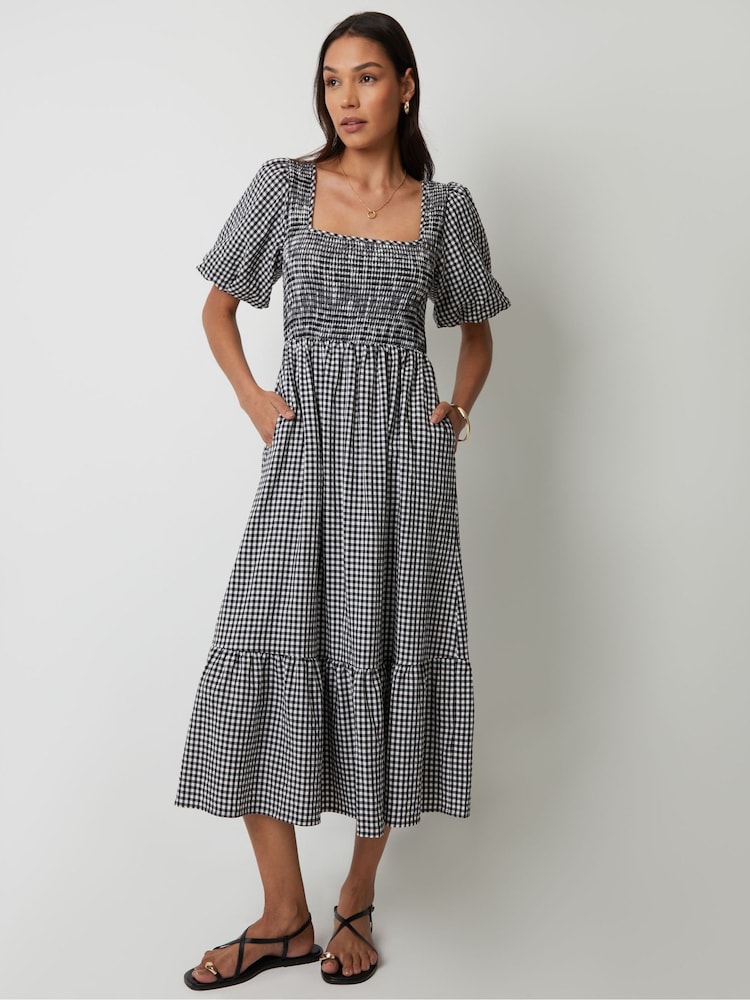 Threadbare Black Gingham Puff Sleeve Shirred Midaxi Dress - Image 1 of 4