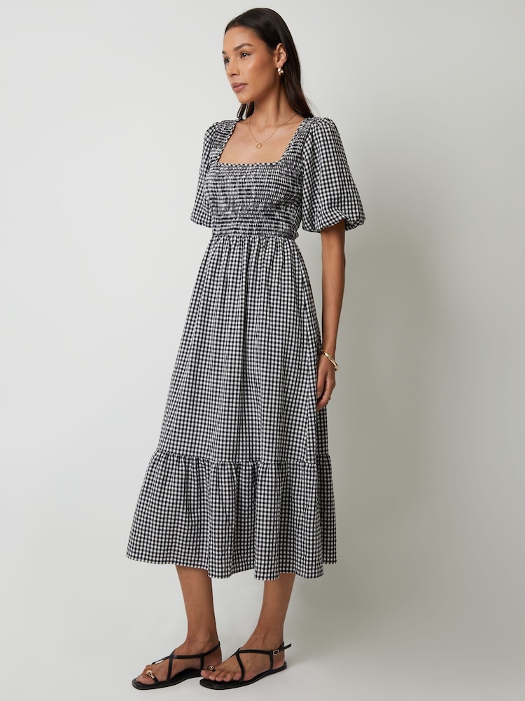 Threadbare Black Gingham Puff Sleeve Shirred Midaxi Dress - Image 4 of 4