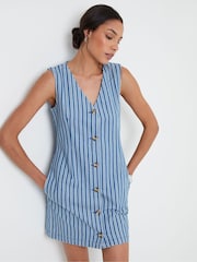 Threadbare Blue Striped Denim Waistcoat Mini 100% Cotton Dress - Image 1 of 4