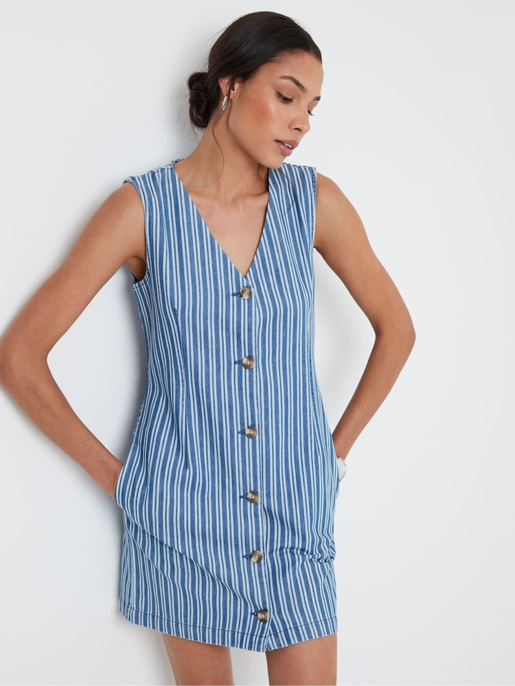 Threadbare Blue Striped Denim Waistcoat Mini 100% Cotton Dress - Image 1 of 4