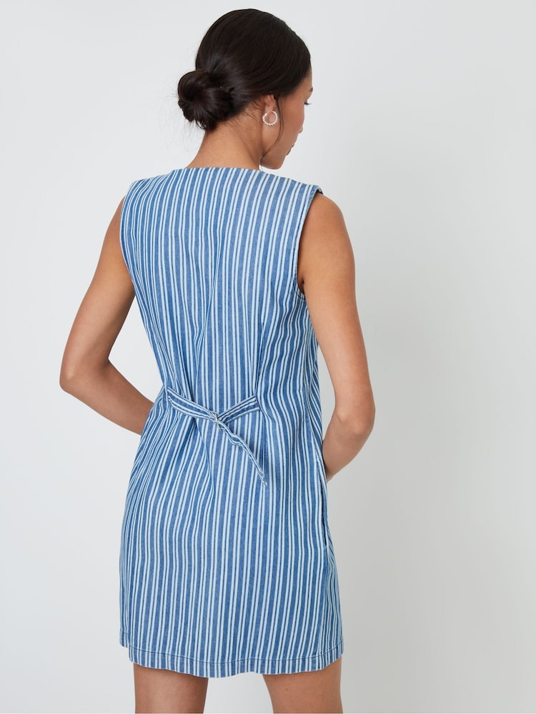 Threadbare Blue Striped Denim Waistcoat Mini 100% Cotton Dress - Image 2 of 4