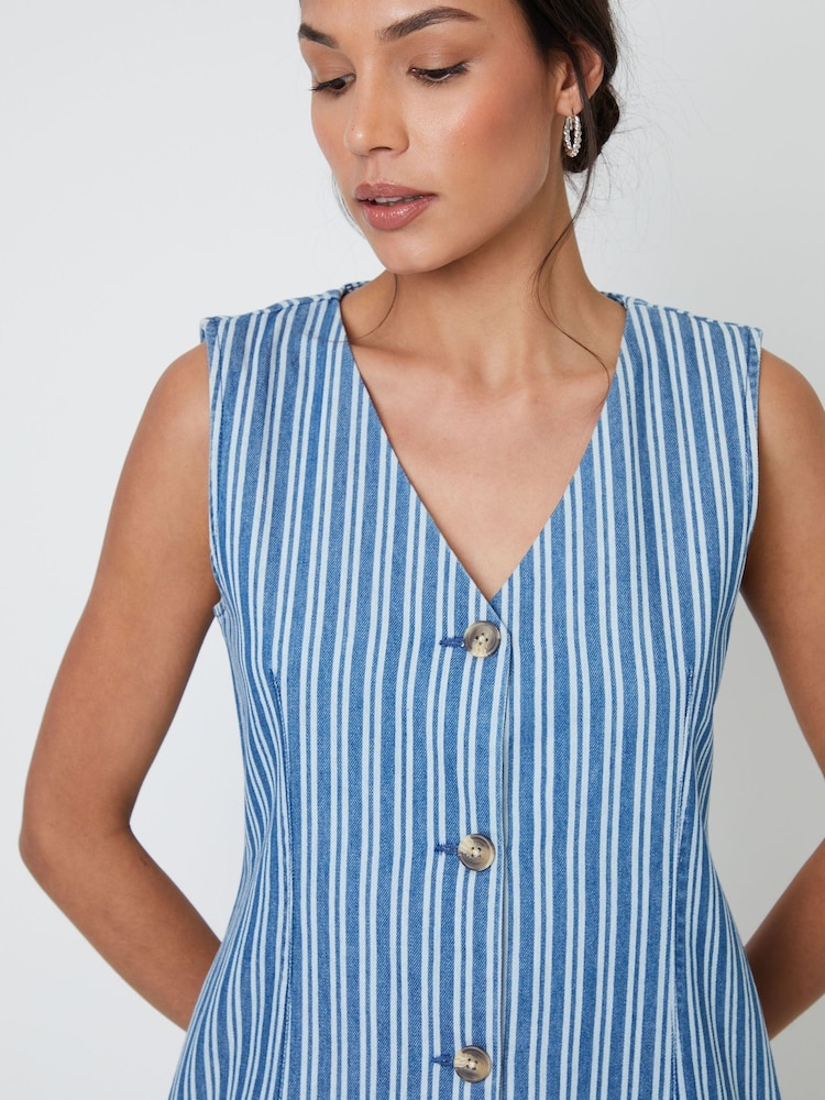 Threadbare Blue Striped Denim Waistcoat Mini 100% Cotton Dress - Image 4 of 4