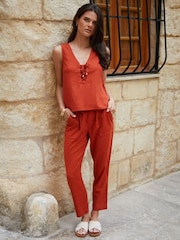 Threadbare Orange Regular Fit Linen Blend Tapered Trousers - Image 5 of 5