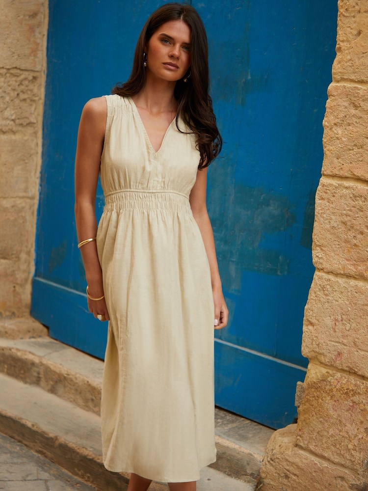 Threadbare Natural Linen Blend Ruched Midi Dress - Image 1 of 5