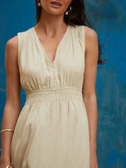 Threadbare Natural Linen Blend Ruched Midi Dress - Image 3 of 5