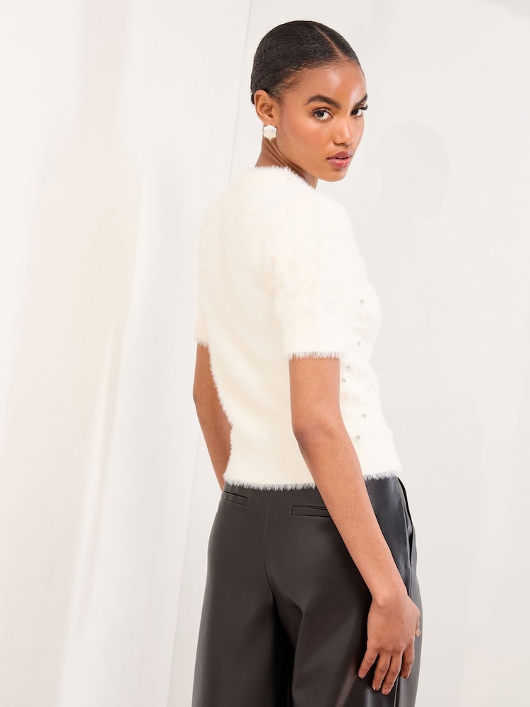Lipsy Ivory Embellished Crew Neck Short Sleeve Cardigan - Image 4 of 4 Lipsy Ivory Embellished Crew Neck Short Sleeve Cardigan - Image 4 of 4