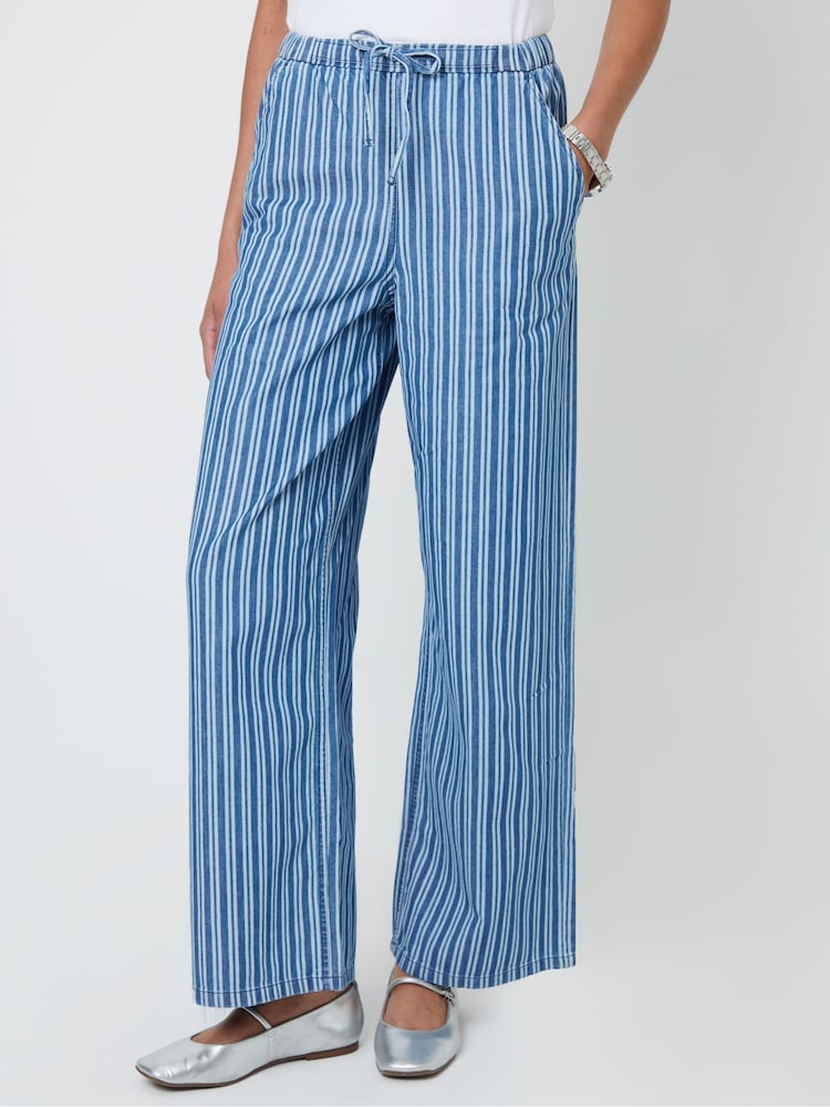 Threadbare Blue Petite Striped Baggy Leg Denim Trousers - Image 1 of 4