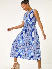 Roman Blue 100% Cotton Abstract Print Halter Midi Dress - Image 1 of 5