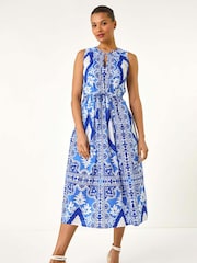 Roman Blue 100% Cotton Abstract Print Halter Midi Dress - Image 2 of 5