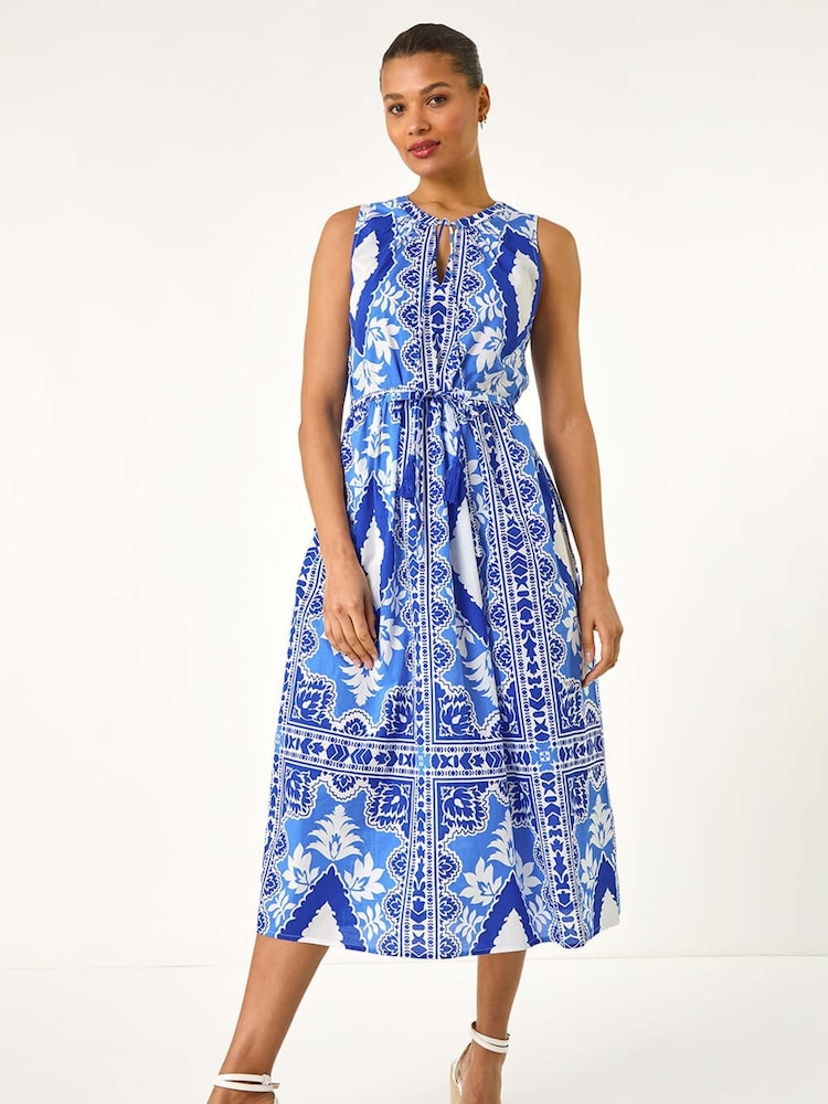 Roman Blue 100% Cotton Abstract Print Halter Midi Dress - Image 2 of 5