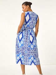 Roman Blue 100% Cotton Abstract Print Halter Midi Dress - Image 3 of 5