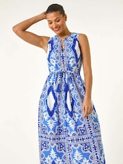 Roman Blue 100% Cotton Abstract Print Halter Midi Dress - Image 4 of 5