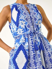 Roman Blue 100% Cotton Abstract Print Halter Midi Dress - Image 5 of 5