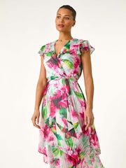 Roman Pink Floral Ruffle Tie Waist Midi Dress - Image 1 of 5