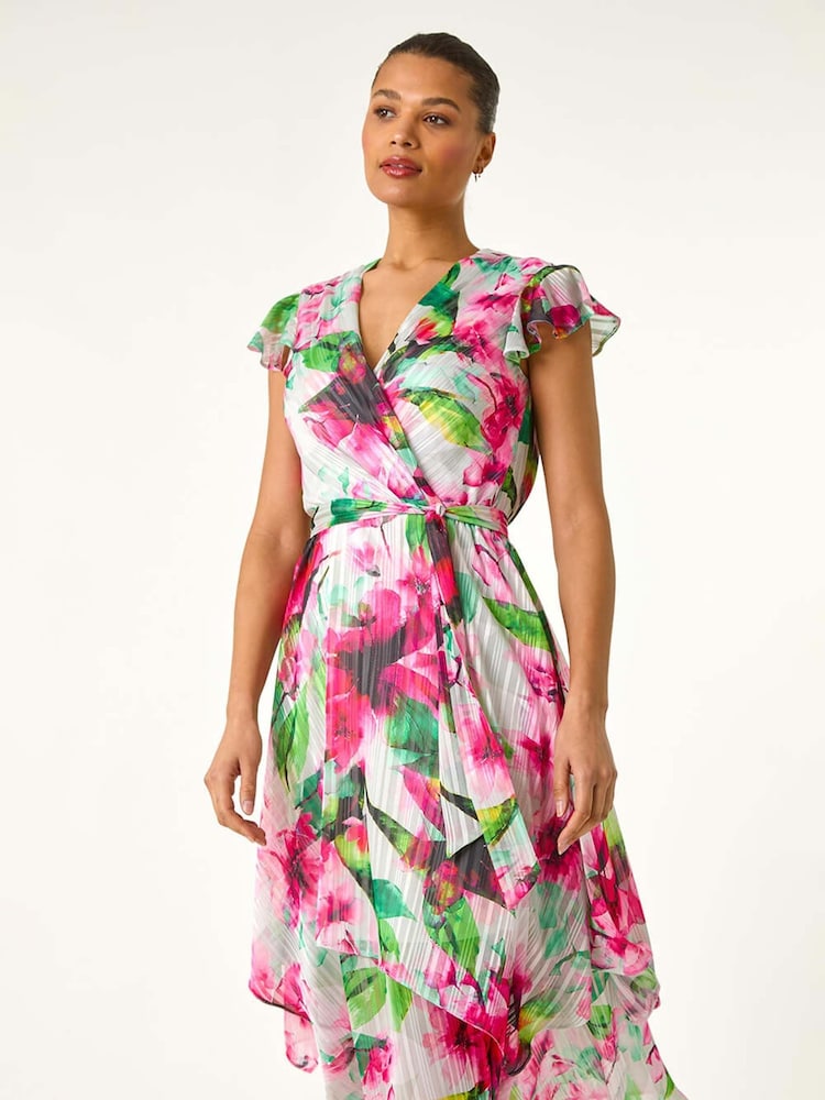 Roman Pink Floral Ruffle Tie Waist Midi Dress - Image 1 of 5
