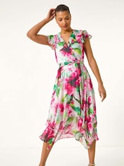 Roman Pink Floral Ruffle Tie Waist Midi Dress - Image 2 of 5