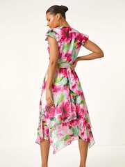 Roman Pink Floral Ruffle Tie Waist Midi Dress - Image 3 of 5
