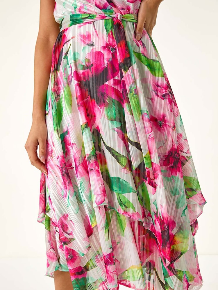 Roman Pink Floral Ruffle Tie Waist Midi Dress - Image 5 of 5