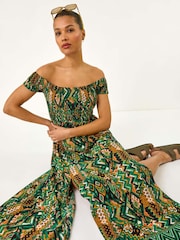 Roman Green Abstract Bardot Shirred Maxi Dress - Image 1 of 5