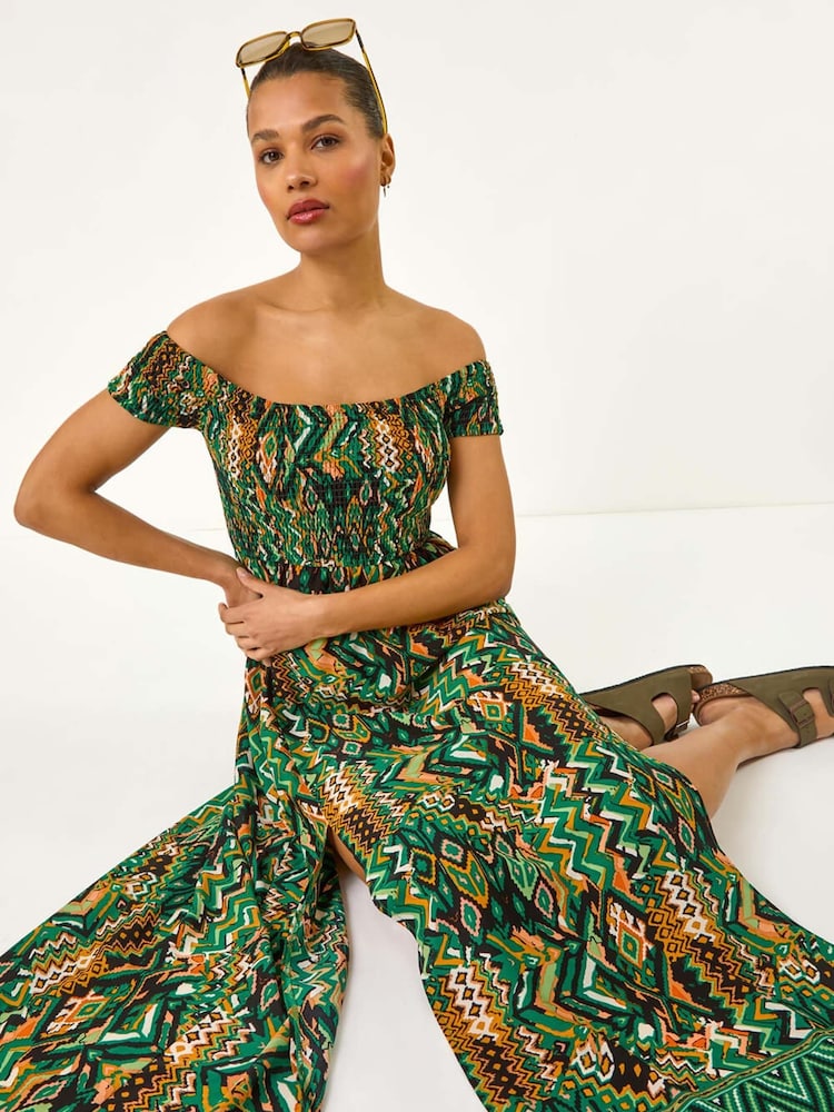 Roman Green Abstract Bardot Shirred Maxi Dress - Image 1 of 5