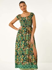 Roman Green Abstract Bardot Shirred Maxi Dress - Image 2 of 5