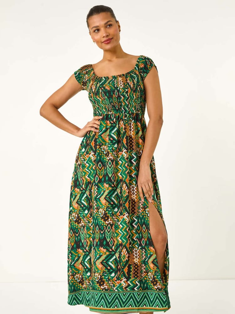 Roman Green Abstract Bardot Shirred Maxi Dress - Image 2 of 5
