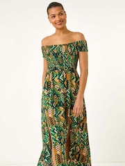 Roman Green Abstract Bardot Shirred Maxi Dress - Image 4 of 5