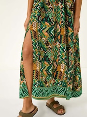 Roman Green Abstract Bardot Shirred Maxi Dress - Image 5 of 5