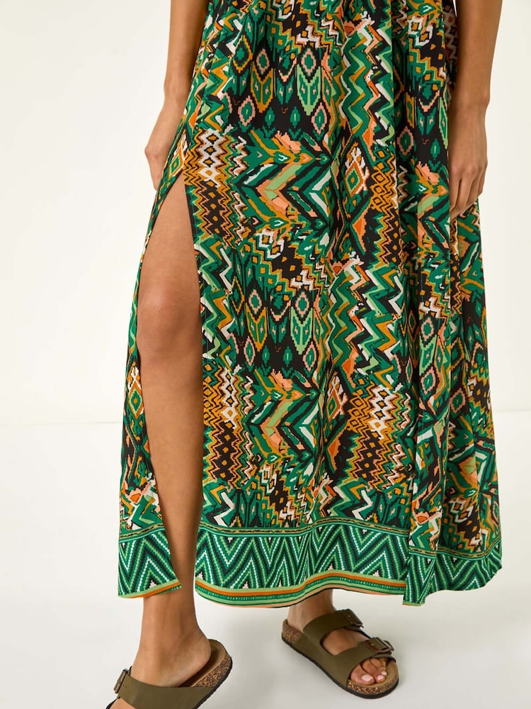 Roman Green Abstract Bardot Shirred Maxi Dress - Image 5 of 5
