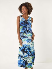 Roman Blue Abstract Linen Mix Midi Dress - Image 1 of 5
