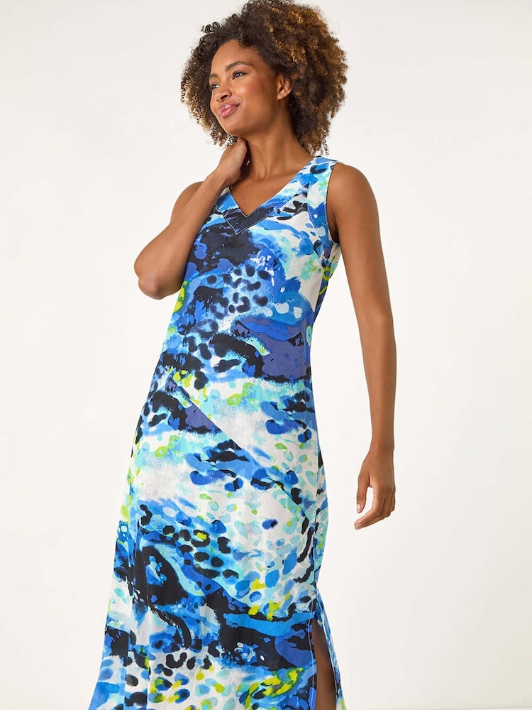 Roman Blue Abstract Linen Mix Midi Dress - Image 2 of 5